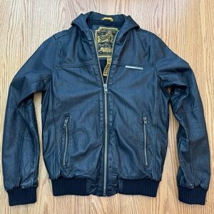 Superdry Black Leather Hooded Bomber Jacket Size S